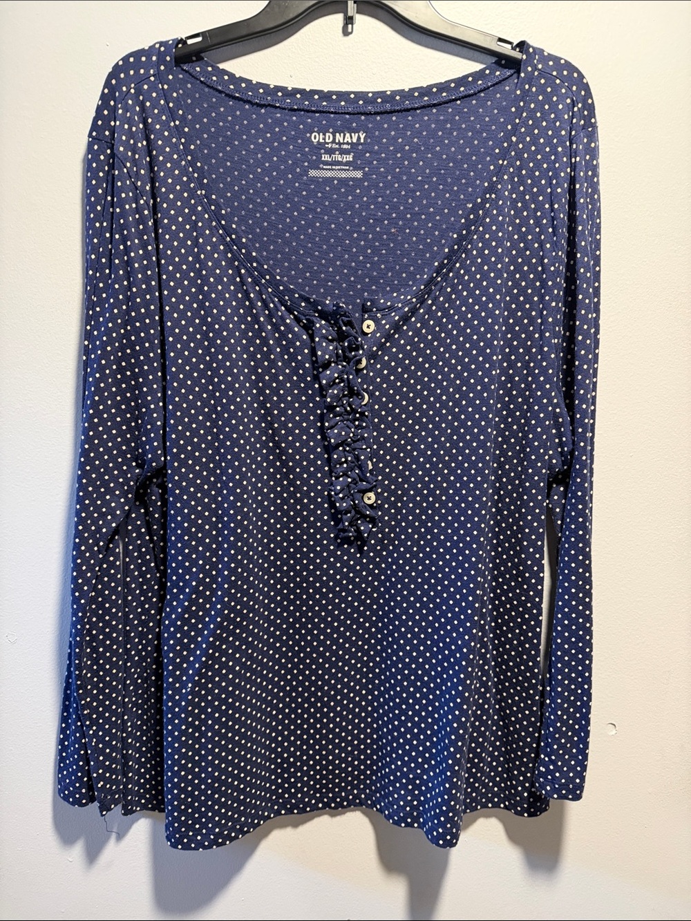 Old Navy Navy and White Polka Dot Long-Sleeve Henley Top